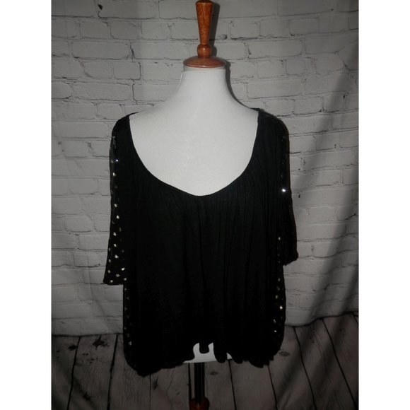 Boxy Top Sheer Small Black Silver Dots Scoop Neck - Picture 1 of 5